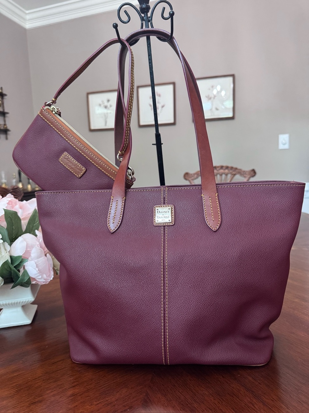 Dooney & Bourke Burgundy Pebble Leather Eva Tote Bag & Matching Wristlet Set